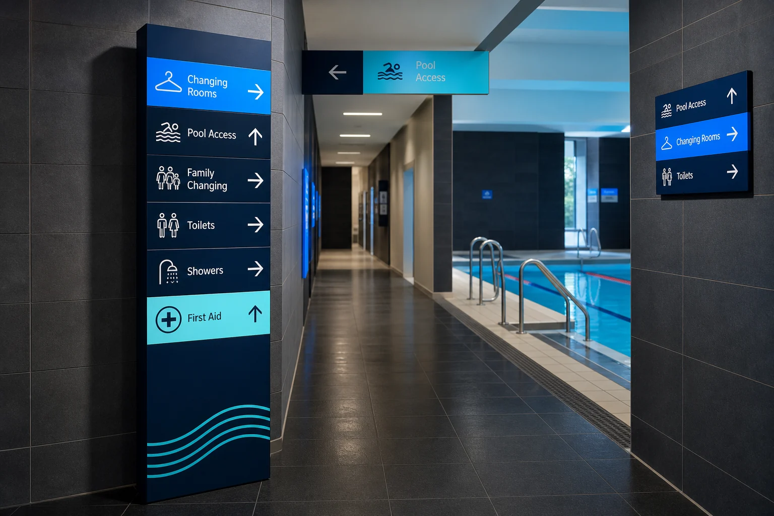 Concept visual of wayfinding signage in a swimming-pool facility