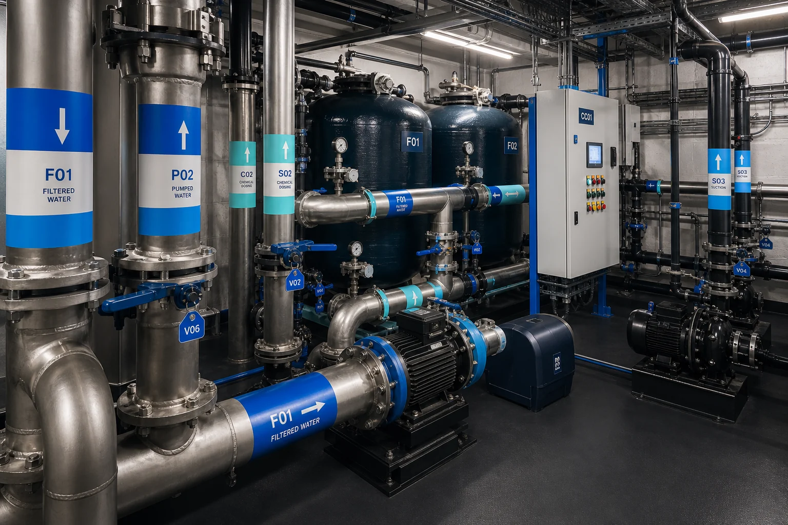 Concept visual of pipe and equipment identification in a swimming-pool plant room